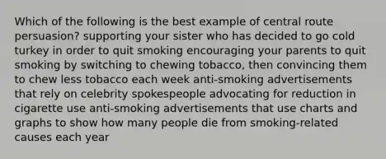 Which of the following is the best example of central route persuasion? supporting your sister who has decided to go cold turkey in order to quit smoking encouraging your parents to quit smoking by switching to chewing tobacco, then convincing them to chew less tobacco each week anti-smoking advertisements that rely on celebrity spokespeople advocating for reduction in cigarette use anti-smoking advertisements that use charts and graphs to show how many people die from smoking-related causes each year