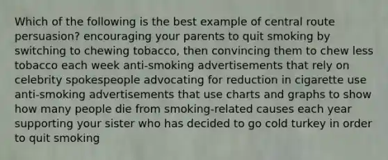 Which of the following is the best example of central route persuasion? encouraging your parents to quit smoking by switching to chewing tobacco, then convincing them to chew less tobacco each week anti-smoking advertisements that rely on celebrity spokespeople advocating for reduction in cigarette use anti-smoking advertisements that use charts and graphs to show how many people die from smoking-related causes each year supporting your sister who has decided to go cold turkey in order to quit smoking