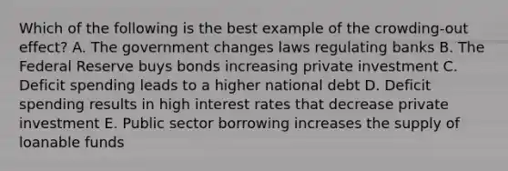 Which of the following is the best example of the crowding-out effect? A. The government changes laws regulating banks B. The Federal Reserve buys bonds increasing private investment C. Deficit spending leads to a higher national debt D. Deficit spending results in high interest rates that decrease private investment E. Public sector borrowing increases the supply of loanable funds