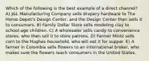 Which of the following is the best example of a direct channel? A) J&L Manufacturing Company sells drapery hardware to The Home Depot's Design Center, and the Design Center then sells it to consumers. B) Family Dollar Store sells modeling clay to school-age children. C) A wholesaler sells candy to convenience stores, who then sell it to store patrons. D) Farmer Mintz sells corn to the Hughes household, who will eat it for supper. E) A farmer in Colombia sells flowers to an international broker, who makes sure the flowers reach consumers in the United States.