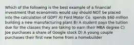 Which of the following is the best example of a financial investment that economists would say should NOT be placed into the calculation of GDP? A) Ford Motor Co. spends 60 million building a new manufacturing plant B) A student pays the tuition due for the classes they are taking to earn their MBA degree C) Joe purchases a share of Google stock D) A young couple purchases their first new home from a homebuilder