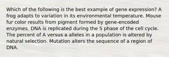 Which of the following is the best example of gene expression? A frog adapts to variation in its environmental temperature. Mouse fur color results from pigment formed by gene-encoded enzymes. DNA is replicated during the S phase of the cell cycle. The percent of A versus a alleles in a population is altered by natural selection. Mutation alters the sequence of a region of DNA.