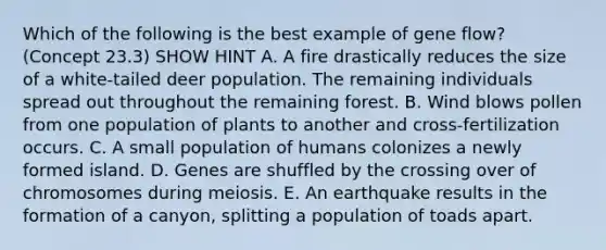 Which of the following is the best example of gene flow? (Concept 23.3) SHOW HINT A. A fire drastically reduces the size of a white-tailed deer population. The remaining individuals spread out throughout the remaining forest. B. Wind blows pollen from one population of plants to another and cross-fertilization occurs. C. A small population of humans colonizes a newly formed island. D. Genes are shuffled by the crossing over of chromosomes during meiosis. E. An earthquake results in the formation of a canyon, splitting a population of toads apart.