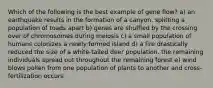 Which of the following is the best example of gene flow? a) an earthquake results in the formation of a canyon, splitting a population of toads apart b) genes are shuffled by the crossing over of chromosomes during meiosis c) a small population of humans colonizes a newly formed island d) a fire drastically reduced the size of a white-tailed deer population. the remaining individuals spread out throughout the remaining forest e) wind blows pollen from one population of plants to another and cross-fertilization occurs