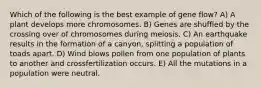 Which of the following is the best example of gene flow? A) A plant develops more chromosomes. B) Genes are shuffled by the crossing over of chromosomes during meiosis. C) An earthquake results in the formation of a canyon, splitting a population of toads apart. D) Wind blows pollen from one population of plants to another and crossfertilization occurs. E) All the mutations in a population were neutral.