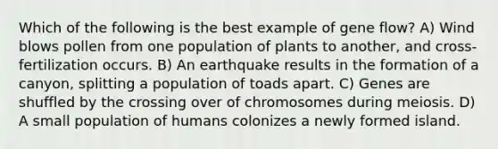 Which of the following is the best example of gene flow? A) Wind blows pollen from one population of plants to another, and cross-fertilization occurs. B) An earthquake results in the formation of a canyon, splitting a population of toads apart. C) Genes are shuffled by the crossing over of chromosomes during meiosis. D) A small population of humans colonizes a newly formed island.