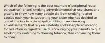 Which of the following is the best example of peripheral route persuasion? a. anti-smoking advertisements that use charts and graphs to show how many people die from smoking-related causes each year b. supporting your sister who has decided to go cold turkey in order to quit smoking c. anti-smoking advertisements that rely on celebrity spokespeople advocating for reduction in cigarette use d. encouraging your parents to quit smoking by switching to chewing tobacco, then convincing them to chew l