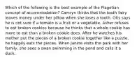 Which of the following is the best example of the Piagetian concept of accommodation? Camryn thinks that the tooth fairy leaves money under her pillow when she loses a tooth. Otis says he is not sure if a tomato is a fruit or a vegetable. Asher refuses to eat broken cookies because he thinks that a whole cookie has more to eat than a broken cookie does. After he watches his mother put the pieces of a broken cookie together like a puzzle, he happily eats the pieces. When Janine visits the park with her family, she sees a swan swimming in the pond and calls it a duck.