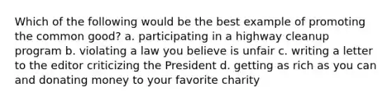 Which of the following would be the best example of promoting the common good? a. participating in a highway cleanup program b. violating a law you believe is unfair c. writing a letter to the editor criticizing the President d. getting as rich as you can and donating money to your favorite charity