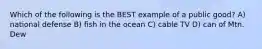 Which of the following is the BEST example of a public good? A) national defense B) fish in the ocean C) cable TV D) can of Mtn. Dew