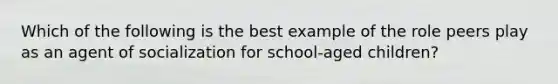 Which of the following is the best example of the role peers play as an agent of socialization for school-aged children?