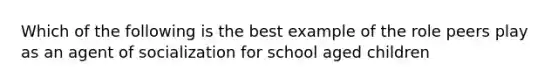 Which of the following is the best example of the role peers play as an agent of socialization for school aged children