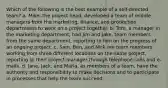 Which of the following is the best example of a self-directed team? a. Mike, the project head, developed a team of middle managers from the marketing, finance, and production departments to work on a project together. b. Tom, a manager in the marketing department, had Jim and Jake, team members from the same department, reporting to him on the progress of an ongoing project. c. Sam, Ben, and Nick are team members working from three different locations on the same project, reporting to their project manager through telephone calls and e-mails. d. Jane, Jack, and Maria, as members of a team, have the authority and responsibility to make decisions and to participate in processes that help the team succeed.