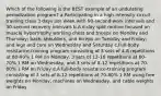 Which of the following is the BEST example of an undulating periodization program? a.Participating in a high-intensity circuit training class 3 days per week with 90-second work intervals and 30-second recovery intervals b.A 6-day split routine focused on muscle hypertrophy working chest and triceps on Monday and Thursday; back, shoulders, and biceps on Tuesday and Friday; and legs and core on Wednesday and Saturday c.Full-body resistance-training program consisting of 3 sets of 4-8 repetitions at 80-90% 1 RM on Monday, 3 sets of 12-16 repetitions at 60-70% 1 RM on Wednesday, and 3 sets of 8-12 repetitions at 70-80% 1 RM on Friday d.A full-body resistance-training program consisting of 2 sets of 8-12 repetitions at 70-80% 1 RM using free weights on Monday, machines on Wednesday, and cable weights on Friday