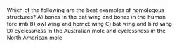 Which of the following are the best examples of homologous structures? A) bones in the bat wing and bones in the human forelimb B) owl wing and hornet wing C) bat wing and bird wing D) eyelessness in the Australian mole and eyelessness in the North American mole