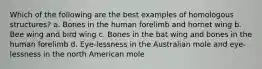 Which of the following are the best examples of homologous structures? a. Bones in the human forelimb and hornet wing b. Bee wing and bird wing c. Bones in the bat wing and bones in the human forelimb d. Eye-lessness in the Australian mole and eye-lessness in the north American mole