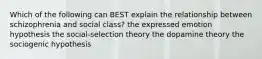 Which of the following can BEST explain the relationship between schizophrenia and social class? the expressed emotion hypothesis the social-selection theory the dopamine theory the sociogenic hypothesis