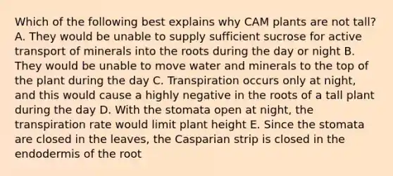 Which of the following best explains why CAM plants are not tall? A. They would be unable to supply sufficient sucrose for active transport of minerals into the roots during the day or night B. They would be unable to move water and minerals to the top of the plant during the day C. Transpiration occurs only at night, and this would cause a highly negative in the roots of a tall plant during the day D. With the stomata open at night, the transpiration rate would limit plant height E. Since the stomata are closed in the leaves, the Casparian strip is closed in the endodermis of the root