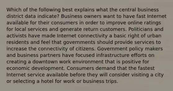 Which of the following best explains what the central business district data indicate? Business owners want to have fast Internet available for their consumers in order to improve online ratings for local services and generate return customers. Politicians and activists have made Internet connectivity a basic right of urban residents and feel that governments should provide services to increase the connectivity of citizens. Government policy makers and business partners have focused infrastructure efforts on creating a downtown work environment that is positive for economic development. Consumers demand that the fastest Internet service available before they will consider visiting a city or selecting a hotel for work or business trips.