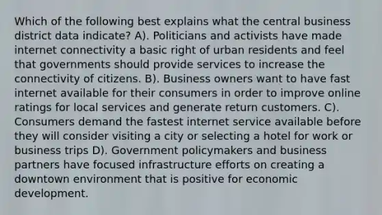 Which of the following best explains what the central business district data indicate? A). Politicians and activists have made internet connectivity a basic right of urban residents and feel that governments should provide services to increase the connectivity of citizens. B). Business owners want to have fast internet available for their consumers in order to improve online ratings for local services and generate return customers. C). Consumers demand the fastest internet service available before they will consider visiting a city or selecting a hotel for work or business trips D). Government policymakers and business partners have focused infrastructure efforts on creating a downtown environment that is positive for economic development.