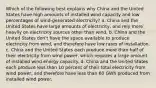 Which of the following best explains why China and the United States have high amounts of installed wind capacity and low percentages of wind-generated electricity? a. China and the United States have large amounts of electricity, and rely more heavily on electricity sources other than wind. b. China and the United States don't have the space available to produce electricity from wind, and therefore have low rates of installation. c. China and the United States each produce more than half of their electricity from wind power, which requires a large amount of installed wind energy capacity. d. China and the United States each produce less than 10 percent of their total electricity from wind power, and therefore have less than 60 GWh produced from installed wind power.