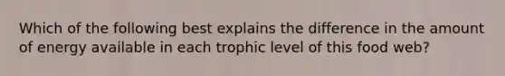 Which of the following best explains the difference in the amount of energy available in each trophic level of this food web?