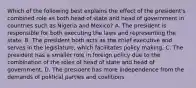 Which of the following best explains the effect of the president's combined role as both head of state and head of government in countries such as Nigeria and Mexico? A. The president is responsible for both executing the laws and representing the state. B. The president both acts as the chief executive and serves in the legislature, which facilitates policy making. C. The president has a smaller role in foreign policy due to the combination of the roles of head of state and head of government. D. The president has more independence from the demands of political parties and coalitions.