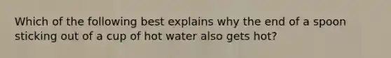 Which of the following best explains why the end of a spoon sticking out of a cup of hot water also gets hot?