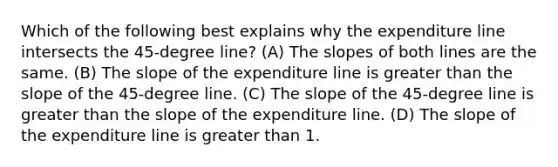 Which of the following best explains why the expenditure line intersects the 45-degree line? (A) The slopes of both lines are the same. (B) The slope of the expenditure line is greater than the slope of the 45-degree line. (C) The slope of the 45-degree line is greater than the slope of the expenditure line. (D) The slope of the expenditure line is greater than 1.