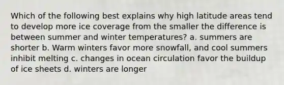 Which of the following best explains why high latitude areas tend to develop more ice coverage from the smaller the difference is between summer and winter temperatures? a. summers are shorter b. Warm winters favor more snowfall, and cool summers inhibit melting c. changes in ocean circulation favor the buildup of ice sheets d. winters are longer