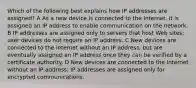 Which of the following best explains how IP addresses are assigned? A As a new device is connected to the Internet, it is assigned an IP address to enable communication on the network. B IP addresses are assigned only to servers that host Web sites; user devices do not require an IP address. C New devices are connected to the Internet without an IP address, but are eventually assigned an IP address once they can be verified by a certificate authority. D New devices are connected to the Internet without an IP address; IP addresses are assigned only for encrypted communications.