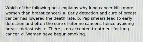 Which of the following best explains why lung cancer kills more women than breast cancer? a. Early detection and cure of breast cancer has lowered the death rate. b. Pap smears lead to early detection and often the cure of uterine cancers, hence avoiding breast metastasis. c. There is no accepted treatment for lung cancer. d. Women have begun smoking.