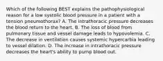 Which of the following BEST explains the pathophysiological reason for a low systolic blood pressure in a patient with a tension pneumothorax? A. The intrathoracic pressure decreases the blood return to the heart. B. The loss of blood from pulmonary tissue and vessel damage leads to hypovolemia. C. The decrease in ventilation causes systemic hypercarbia leading to vessel dilation. D. The increase in intrathoracic pressure decreases the heart's ability to pump blood out.