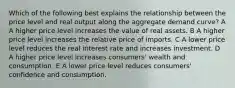 Which of the following best explains the relationship between the price level and real output along the aggregate demand curve? A A higher price level increases the value of real assets. B A higher price level increases the relative price of imports. C A lower price level reduces the real interest rate and increases investment. D A higher price level increases consumers' wealth and consumption. E A lower price level reduces consumers' confidence and consumption.