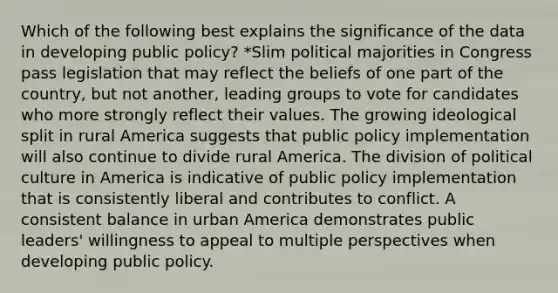 Which of the following best explains the significance of the data in developing public policy? *Slim political majorities in Congress pass legislation that may reflect the beliefs of one part of the country, but not another, leading groups to vote for candidates who more strongly reflect their values. The growing ideological split in rural America suggests that public policy implementation will also continue to divide rural America. The division of political culture in America is indicative of public policy implementation that is consistently liberal and contributes to conflict. A consistent balance in urban America demonstrates public leaders' willingness to appeal to multiple perspectives when developing public policy.