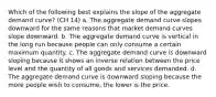 Which of the following best explains the slope of the aggregate demand curve? (CH 14) a. The aggregate demand curve slopes downward for the same reasons that market demand curves slope downward. b. The aggregate demand curve is vertical in the long run because people can only consume a certain maximum quantity. c. The aggregate demand curve is downward sloping because it shows an inverse relation between the price level and the quantity of all goods and services demanded. d. The aggregate demand curve is downward sloping because the more people wish to consume, the lower is the price.