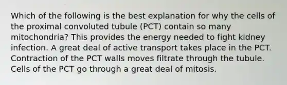 Which of the following is the best explanation for why the cells of the proximal convoluted tubule (PCT) contain so many mitochondria? This provides the energy needed to fight kidney infection. A great deal of active transport takes place in the PCT. Contraction of the PCT walls moves filtrate through the tubule. Cells of the PCT go through a great deal of mitosis.