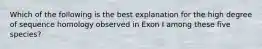 Which of the following is the best explanation for the high degree of sequence homology observed in Exon I among these five species?