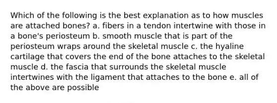 Which of the following is the best explanation as to how muscles are attached bones? a. fibers in a tendon intertwine with those in a bone's periosteum b. smooth muscle that is part of the periosteum wraps around the skeletal muscle c. the hyaline cartilage that covers the end of the bone attaches to the skeletal muscle d. the fascia that surrounds the skeletal muscle intertwines with the ligament that attaches to the bone e. all of the above are possible