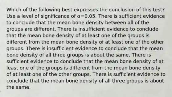 Which of the following best expresses the conclusion of this test? Use a level of significance of α=0.05. There is sufficient evidence to conclude that the mean bone density between all of the groups are different. There is insufficient evidence to conclude that the mean bone density of at least one of the groups is different from the mean bone density of at least one of the other groups. There is insufficient evidence to conclude that the mean bone density of all three groups is about the same. There is sufficient evidence to conclude that the mean bone density of at least one of the groups is different from the mean bone density of at least one of the other groups. There is sufficient evidence to conclude that the mean bone density of all three groups is about the same.