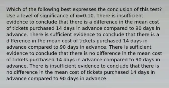 Which of the following best expresses the conclusion of this test? Use a level of significance of α=0.10. There is insufficient evidence to conclude that there is a difference in the mean cost of tickets purchased 14 days in advance compared to 90 days in advance. There is sufficient evidence to conclude that there is a difference in the mean cost of tickets purchased 14 days in advance compared to 90 days in advance. There is sufficient evidence to conclude that there is no difference in the mean cost of tickets purchased 14 days in advance compared to 90 days in advance. There is insufficient evidence to conclude that there is no difference in the mean cost of tickets purchased 14 days in advance compared to 90 days in advance.