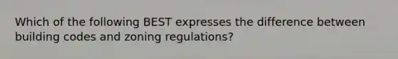 Which of the following BEST expresses the difference between building codes and zoning regulations?