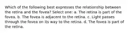 Which of the following best expresses the relationship between the retina and the fovea? Select one: a. The retina is part of the fovea. b. The fovea is adjacent to the retina. c. Light passes through the fovea on its way to the retina. d. The fovea is part of the retina.