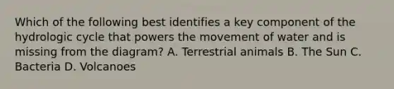 Which of the following best identifies a key component of the hydrologic cycle that powers the movement of water and is missing from the diagram? A. Terrestrial animals B. The Sun C. Bacteria D. Volcanoes