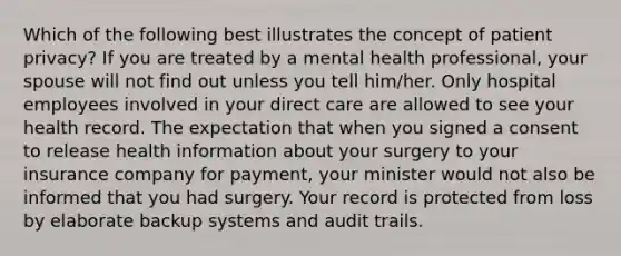 Which of the following best illustrates the concept of patient privacy? If you are treated by a mental health professional, your spouse will not find out unless you tell him/her. Only hospital employees involved in your direct care are allowed to see your health record. The expectation that when you signed a consent to release health information about your surgery to your insurance company for payment, your minister would not also be informed that you had surgery. Your record is protected from loss by elaborate backup systems and audit trails.