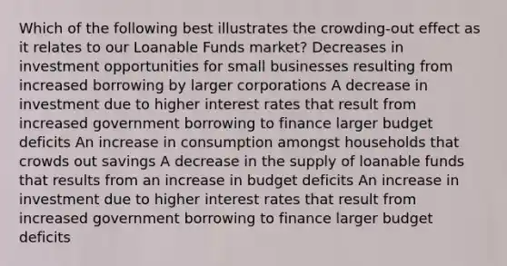 Which of the following best illustrates the crowding-out effect as it relates to our Loanable Funds market? Decreases in investment opportunities for small businesses resulting from increased borrowing by larger corporations A decrease in investment due to higher interest rates that result from increased government borrowing to finance larger budget deficits An increase in consumption amongst households that crowds out savings A decrease in the supply of loanable funds that results from an increase in budget deficits An increase in investment due to higher interest rates that result from increased government borrowing to finance larger budget deficits