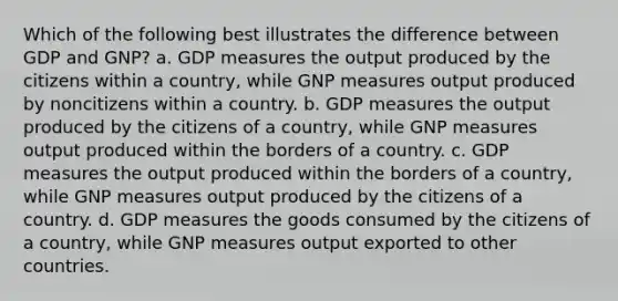 Which of the following best illustrates the difference between GDP and GNP? a. GDP measures the output produced by the citizens within a country, while GNP measures output produced by noncitizens within a country. b. GDP measures the output produced by the citizens of a country, while GNP measures output produced within the borders of a country. c. GDP measures the output produced within the borders of a country, while GNP measures output produced by the citizens of a country. d. GDP measures the goods consumed by the citizens of a country, while GNP measures output exported to other countries.