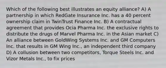 Which of the following best illustrates an equity alliance? A) A partnership in which RedGate Insurance Inc. has a 40 percent ownership claim in TwinTrust Finance Inc. B) A contractual agreement that provides Ocia Pharma Inc. the exclusive rights to distribute the drugs of Marvel Pharma Inc. in the Asian market C) An alliance between GoldWing Systems Inc. and GM Computers Inc. that results in GM Wing Inc., an independent third company D) A collusion between two competitors, Torque Steels Inc. and Vizor Metals Inc., to fix prices