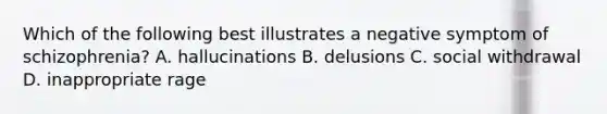 Which of the following best illustrates a negative symptom of schizophrenia? A. hallucinations B. delusions C. social withdrawal D. inappropriate rage