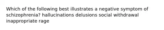 Which of the following best illustrates a negative symptom of schizophrenia? hallucinations delusions social withdrawal inappropriate rage